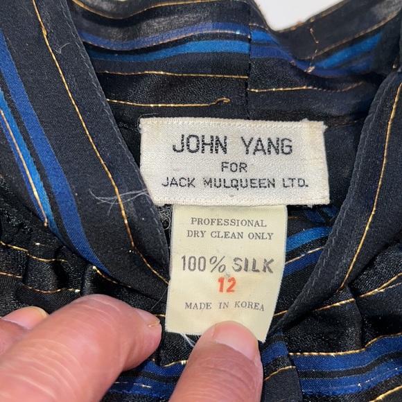 John Yang Shirt Womens 12 Blue Black Striped Long Sleeve Blouse Ruffle High Neck - Picture 10 of 12